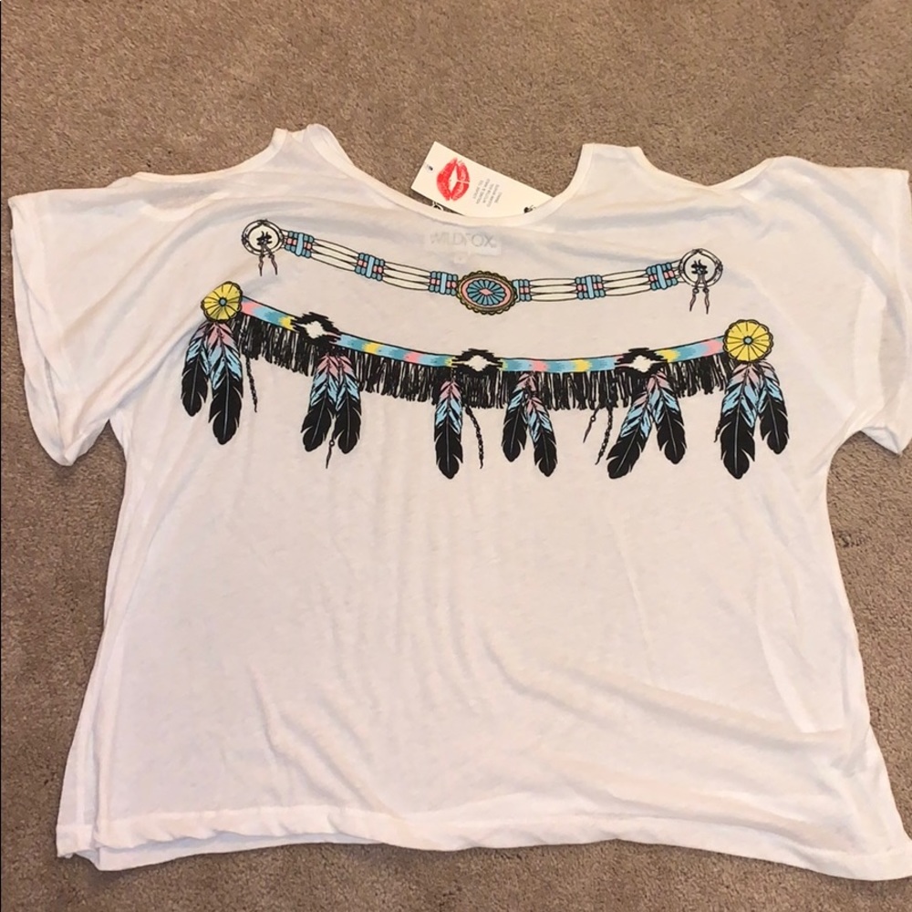 Wildfox Louise cold shoulder Tee Indian feathers S